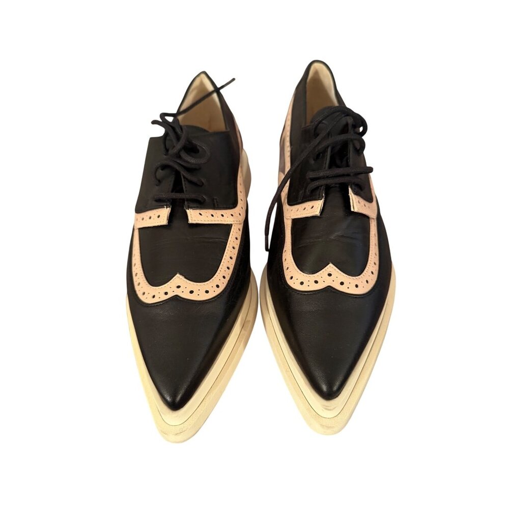 Annaisha Womens Lace-up Shoes Derby Size 38 Black Leather Pointed Toe Spain New